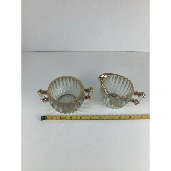 VTG Jeanette Ribbed Glass Sugar & Creamer Set Gold Accents - Picture 4 of 5